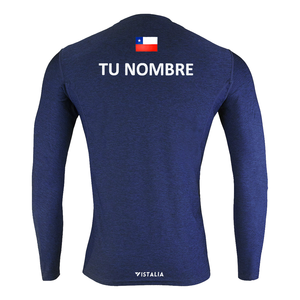 espalda de polera mangas largas azul con nombre y bandera