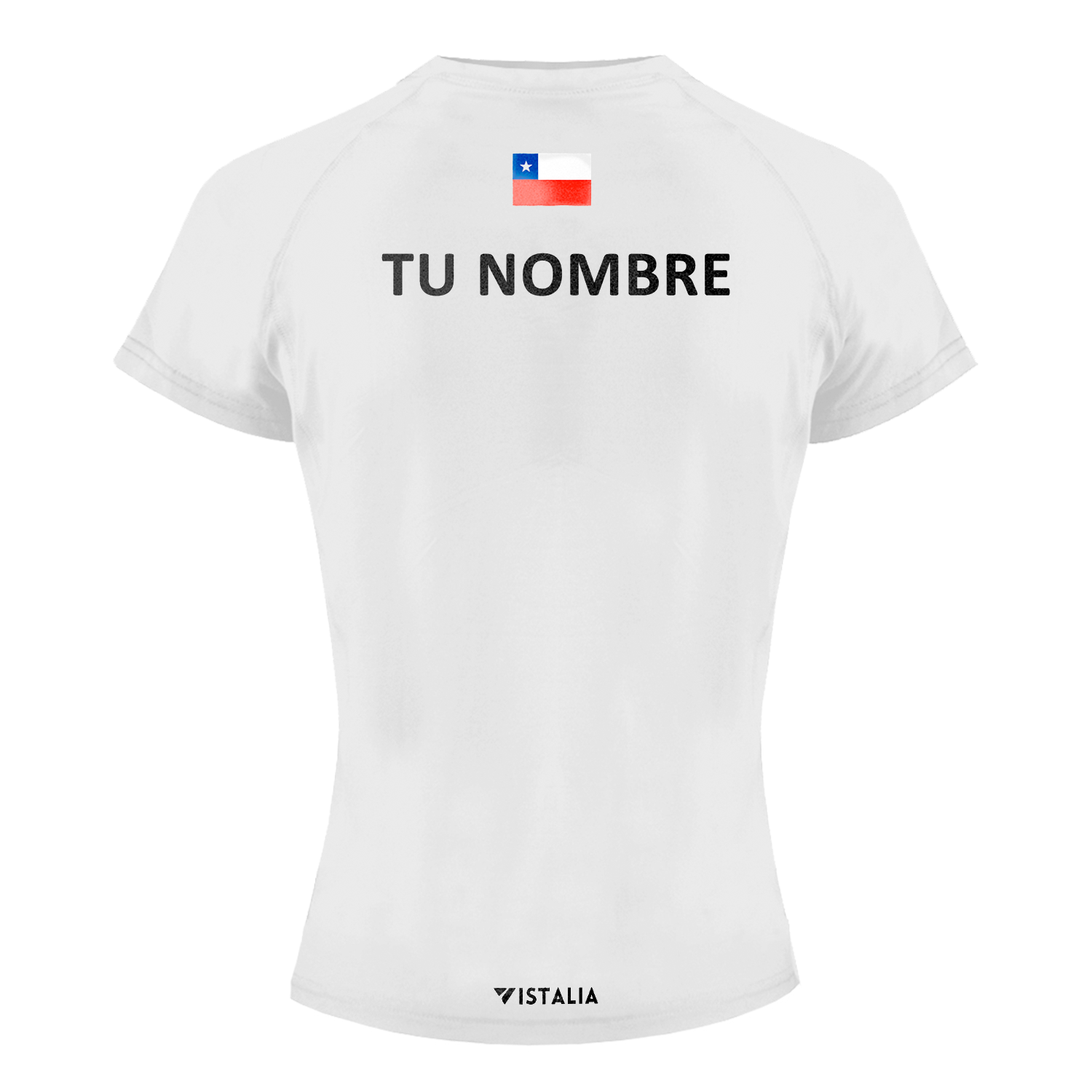 espalda de polera blanca de mujer mangas cortas con nombre y bandera