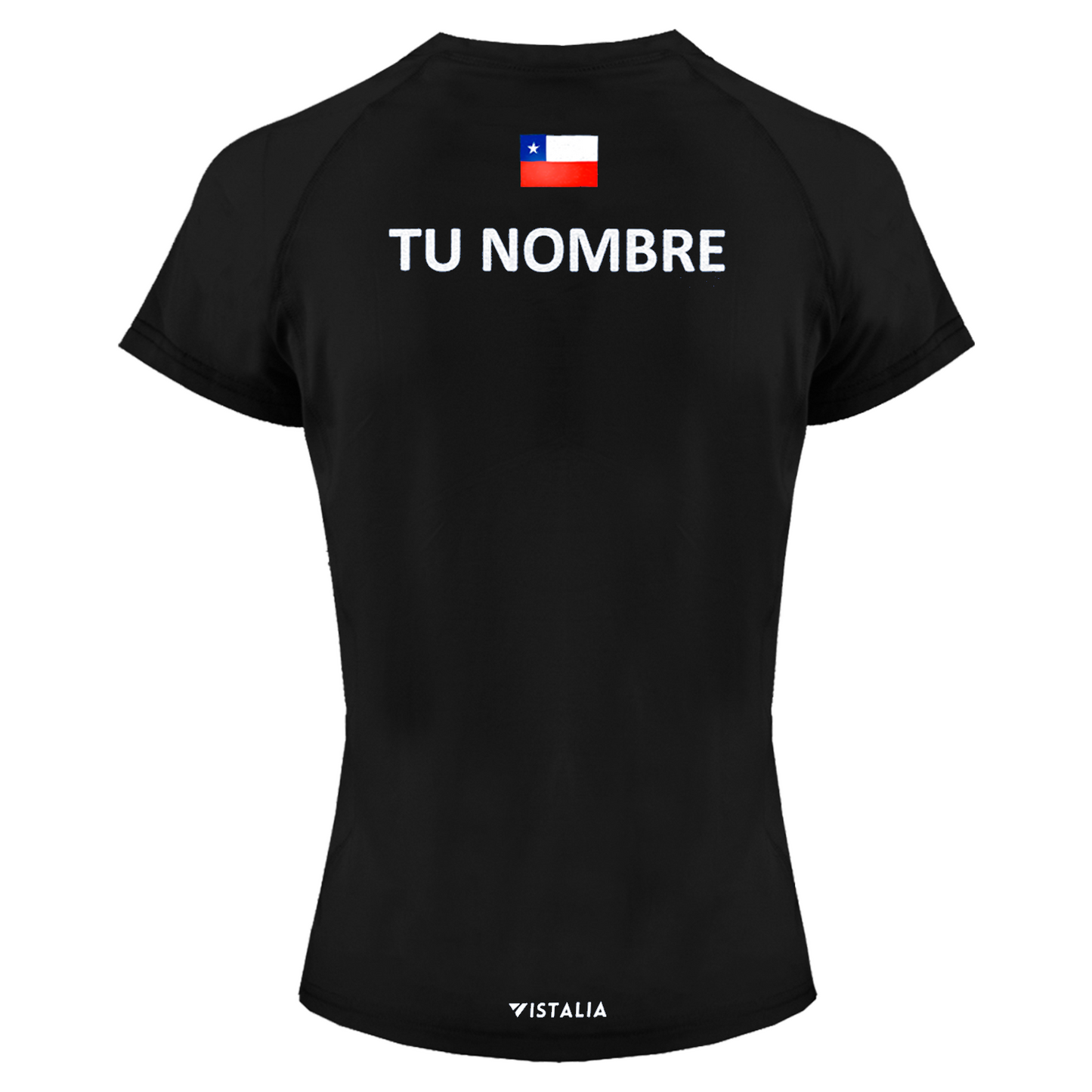 espalda de polera negra de mujer mangas cortas con nombre y bandera