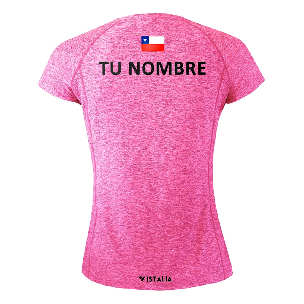 espalda de polera de color rosado de mujer mangas cortas con nombre y bandera