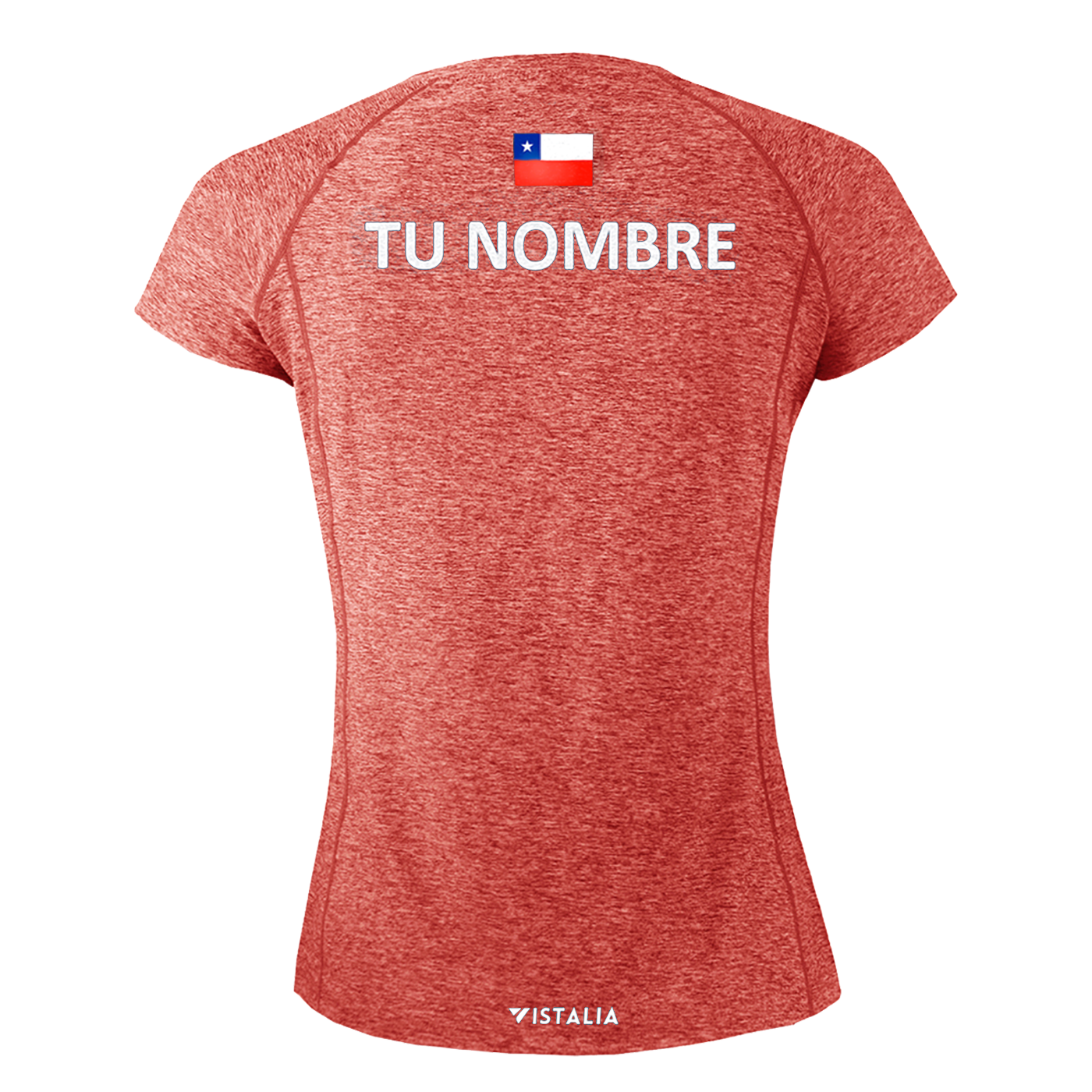 espalda de polera color salmón de mujer mangas cortas con nombre y bandera