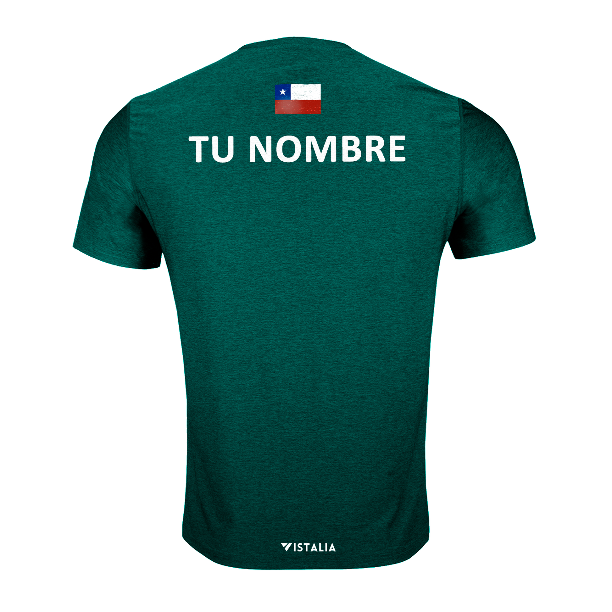 espalda de polera color verde con logo en la parte inferior y bandera y nombre en parte superior